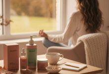 A serene scene with hair care products in dusty rose and sage green packaging on a wooden table, featuring a woman meditating by a window with autumn foliage, symbolizing stress management for seasonal hair loss