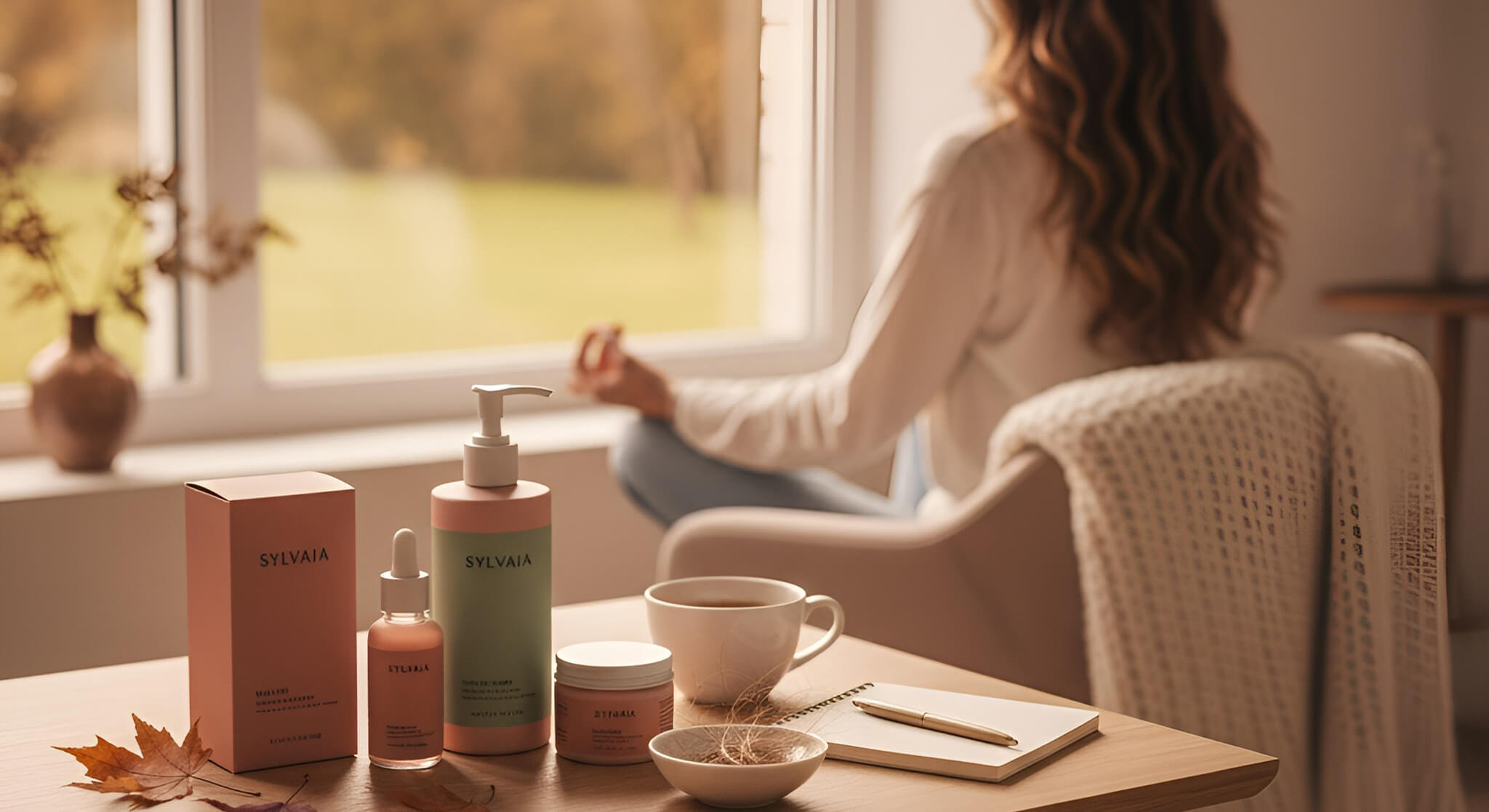 A serene scene with hair care products in dusty rose and sage green packaging on a wooden table, featuring a woman meditating by a window with autumn foliage, symbolizing stress management for seasonal hair loss
