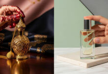 Split image comparing perfume oils. Left: henna-decorated hand with traditional Middle Eastern perfume (dusty rose/charcoal). Right: hand holding modern Western perfume (sage green/cream), for fragrance comparisons