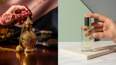 Split image comparing perfume oils. Left: henna-decorated hand with traditional Middle Eastern perfume (dusty rose/charcoal). Right: hand holding modern Western perfume (sage green/cream), for fragrance comparisons