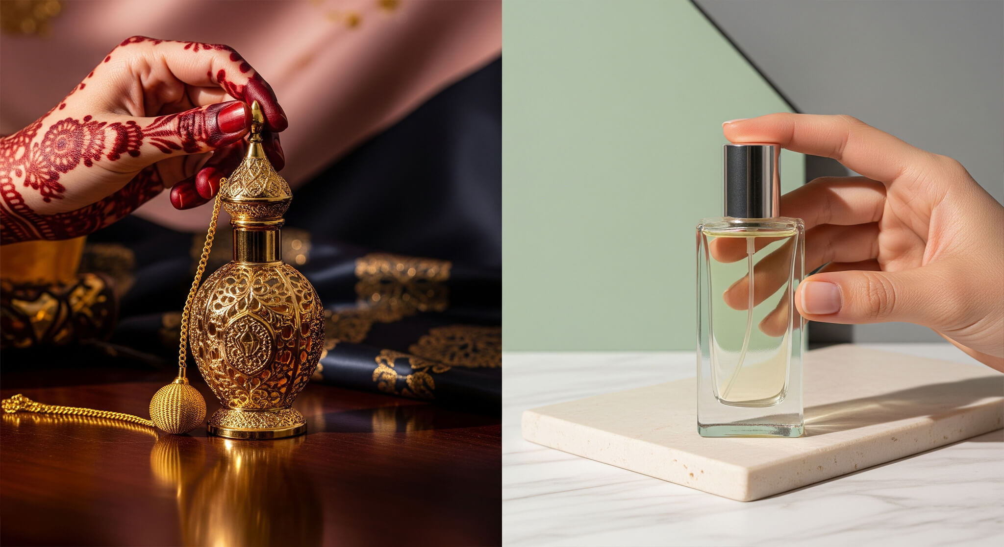 Split image comparing perfume oils. Left: henna-decorated hand with traditional Middle Eastern perfume (dusty rose/charcoal). Right: hand holding modern Western perfume (sage green/cream), for fragrance comparisons
