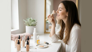 A woman applies foundation at a vanity, with face oils and foundation bottles around, illustrating how mixing face oil with foundation can help achieve a dewier base.