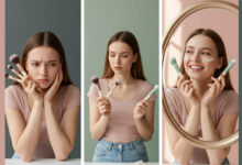 Visual comparison of traditional versus silicone makeup brushes, showing a woman frustrated with messy traditional brushes, thoughtfully comparing brush types, then happily applying makeup with clean silicone brushes