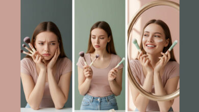 Visual comparison of traditional versus silicone makeup brushes, showing a woman frustrated with messy traditional brushes, thoughtfully comparing brush types, then happily applying makeup with clean silicone brushes