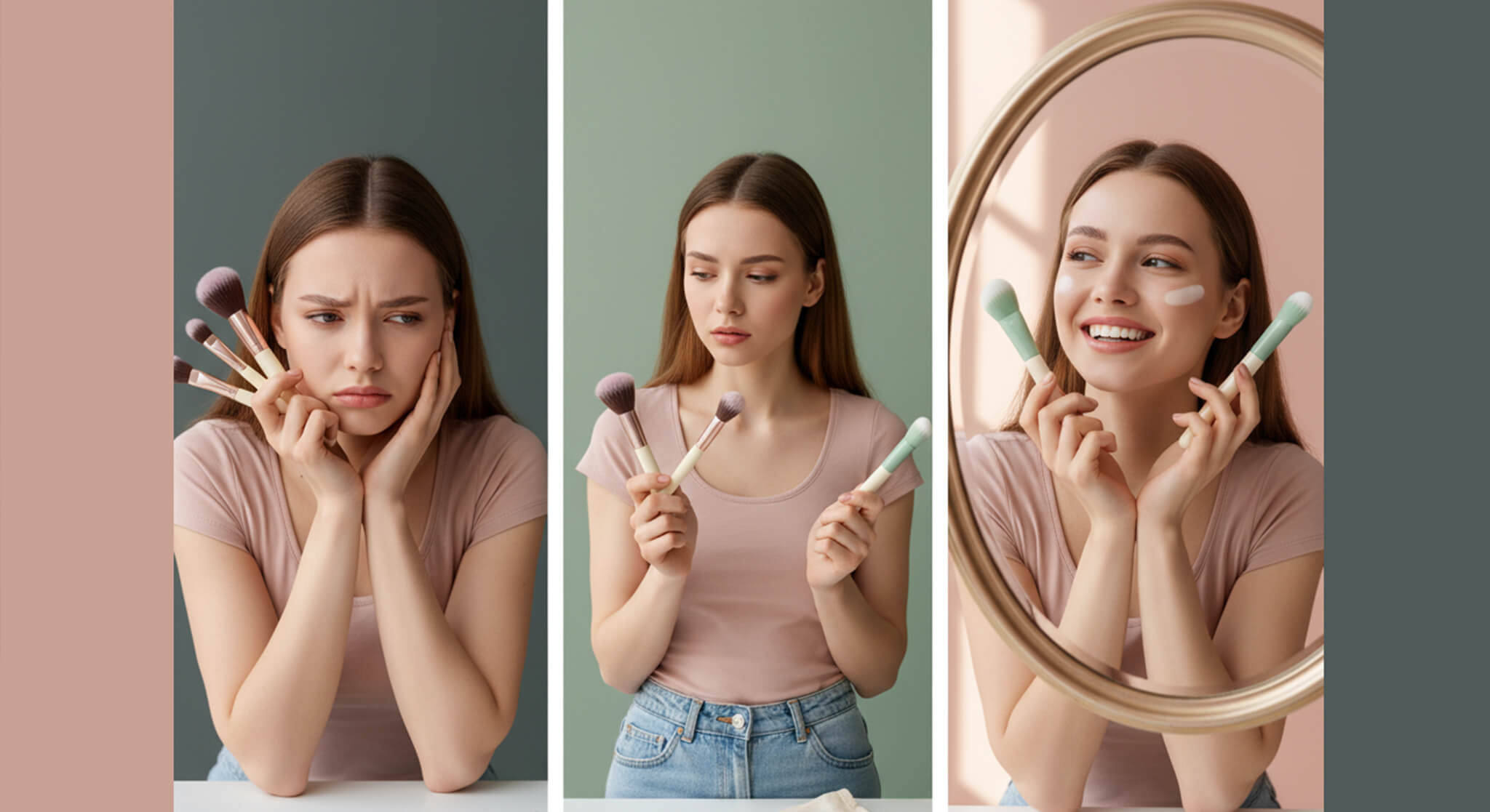 Visual comparison of traditional versus silicone makeup brushes, showing a woman frustrated with messy traditional brushes, thoughtfully comparing brush types, then happily applying makeup with clean silicone brushes