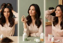 Visual review of Nutrafol for hair loss: A woman distressed by hair loss, then thoughtfully considering a Nutrafol supplement, and finally smiling confidently with healthy, restored hair, suggesting product effectiveness.