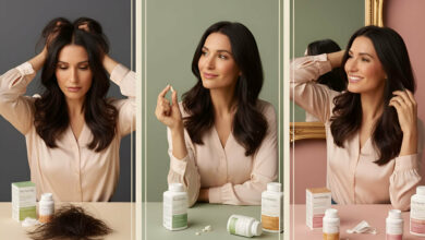 Visual review of Nutrafol for hair loss: A woman distressed by hair loss, then thoughtfully considering a Nutrafol supplement, and finally smiling confidently with healthy, restored hair, suggesting product effectiveness.