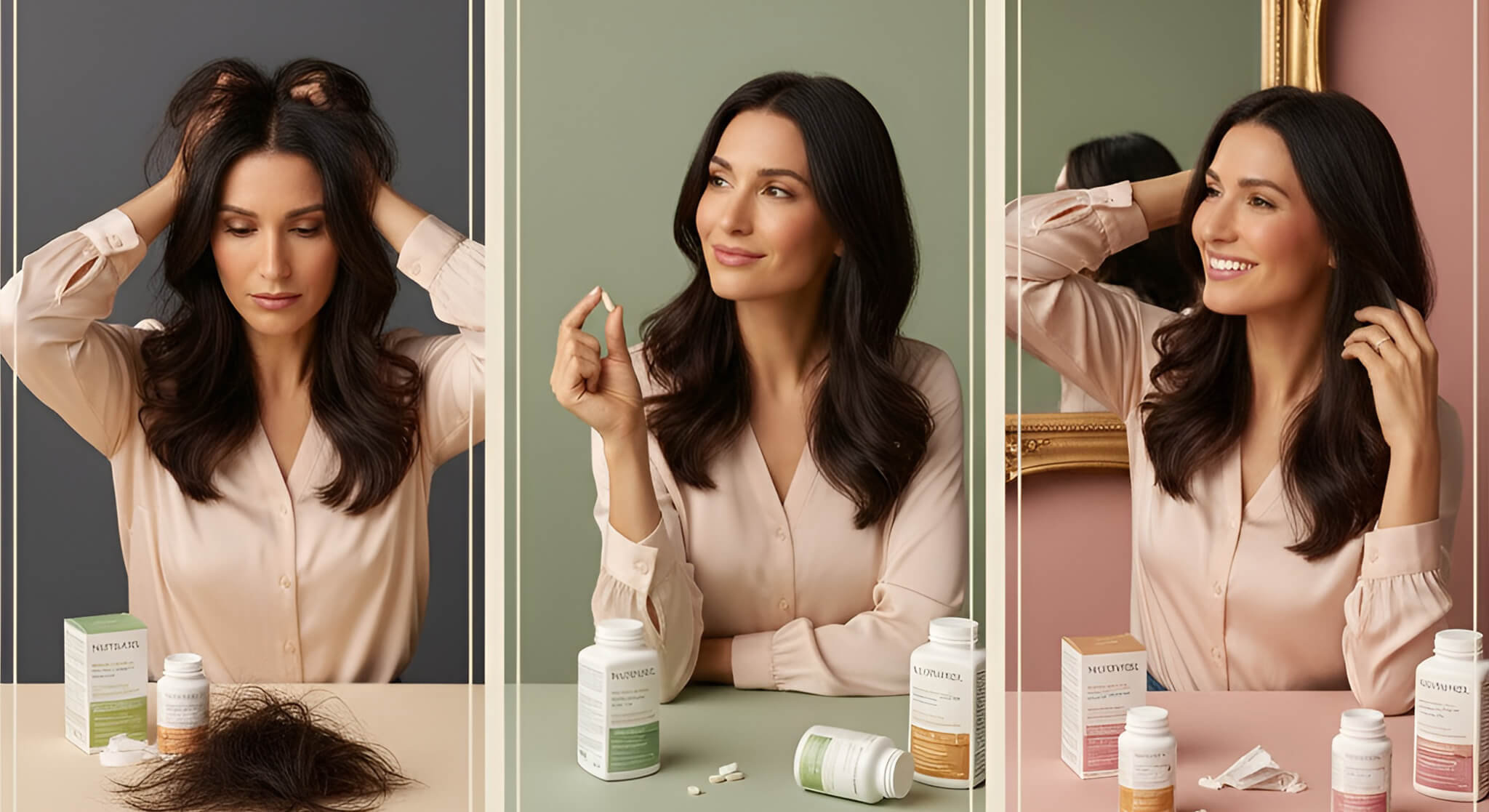 Visual review of Nutrafol for hair loss: A woman distressed by hair loss, then thoughtfully considering a Nutrafol supplement, and finally smiling confidently with healthy, restored hair, suggesting product effectiveness.