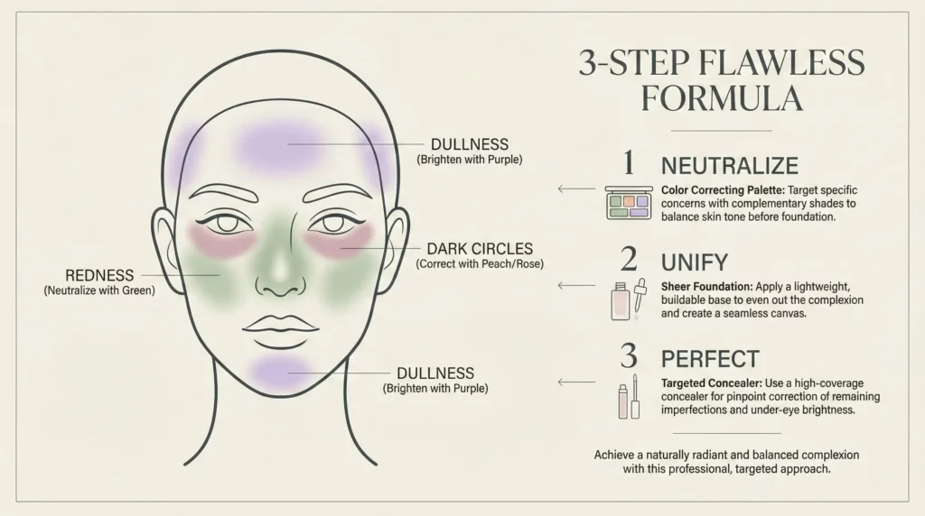 A professional color-correcting face map and step-by-step layering guide for a flawless makeup base.