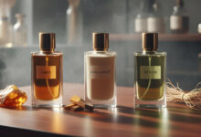 Three perfume bottles, labeled Amber, Sandalwood, and Vetiver, with natural elements, are displayed on a wooden surface, ranking the best base notes for perfume longevity.