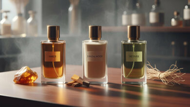 Three perfume bottles, labeled Amber, Sandalwood, and Vetiver, with natural elements, are displayed on a wooden surface, ranking the best base notes for perfume longevity.