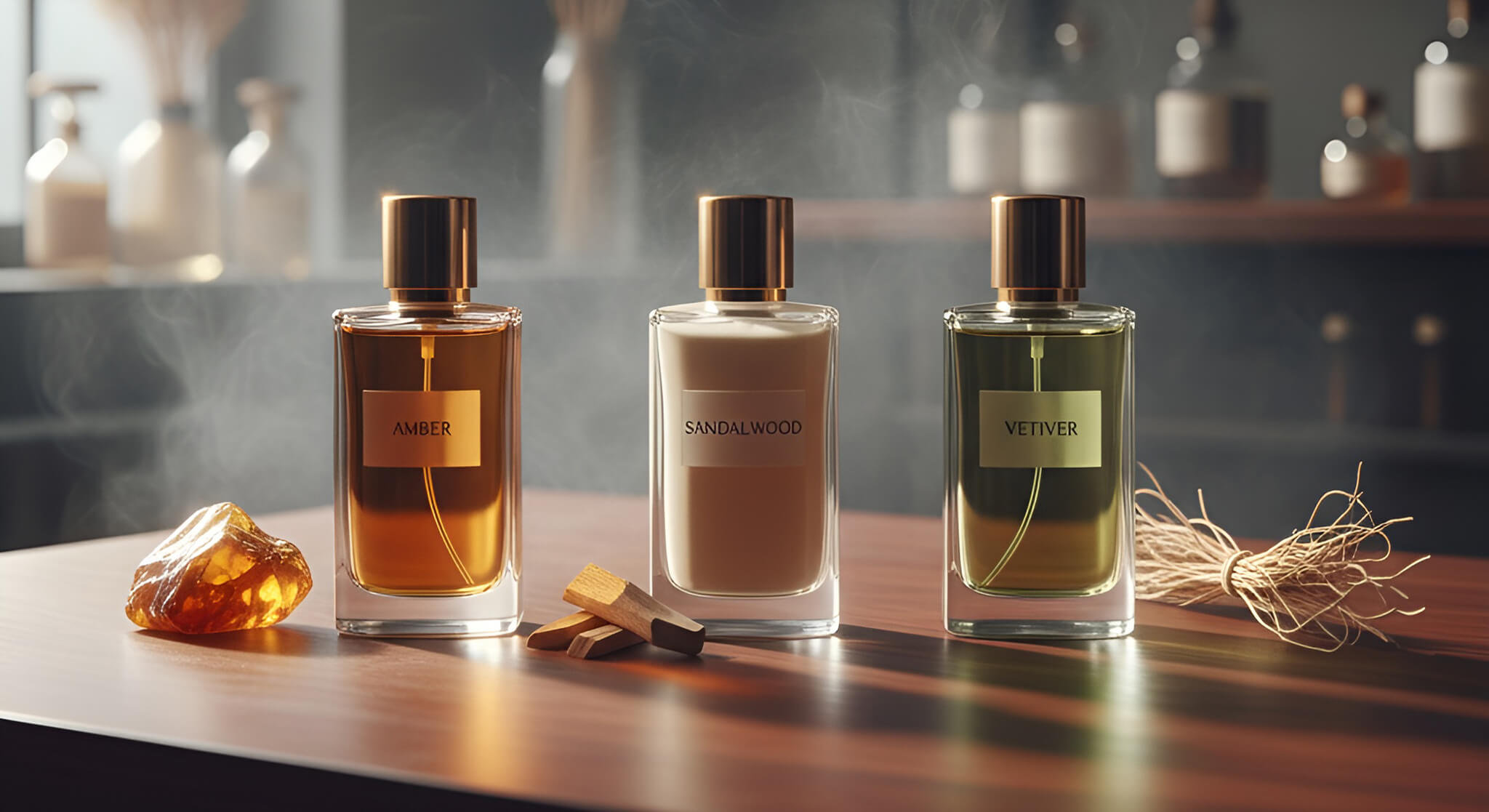 Three perfume bottles, labeled Amber, Sandalwood, and Vetiver, with natural elements, are displayed on a wooden surface, ranking the best base notes for perfume longevity.