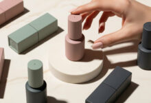Hand selecting a dusty rose nail polish bottle amidst other polishes (sage green, charcoal) on a marble surface, representing a top coat for chip prevention and shine.