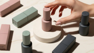 Hand selecting a dusty rose nail polish bottle amidst other polishes (sage green, charcoal) on a marble surface, representing a top coat for chip prevention and shine.