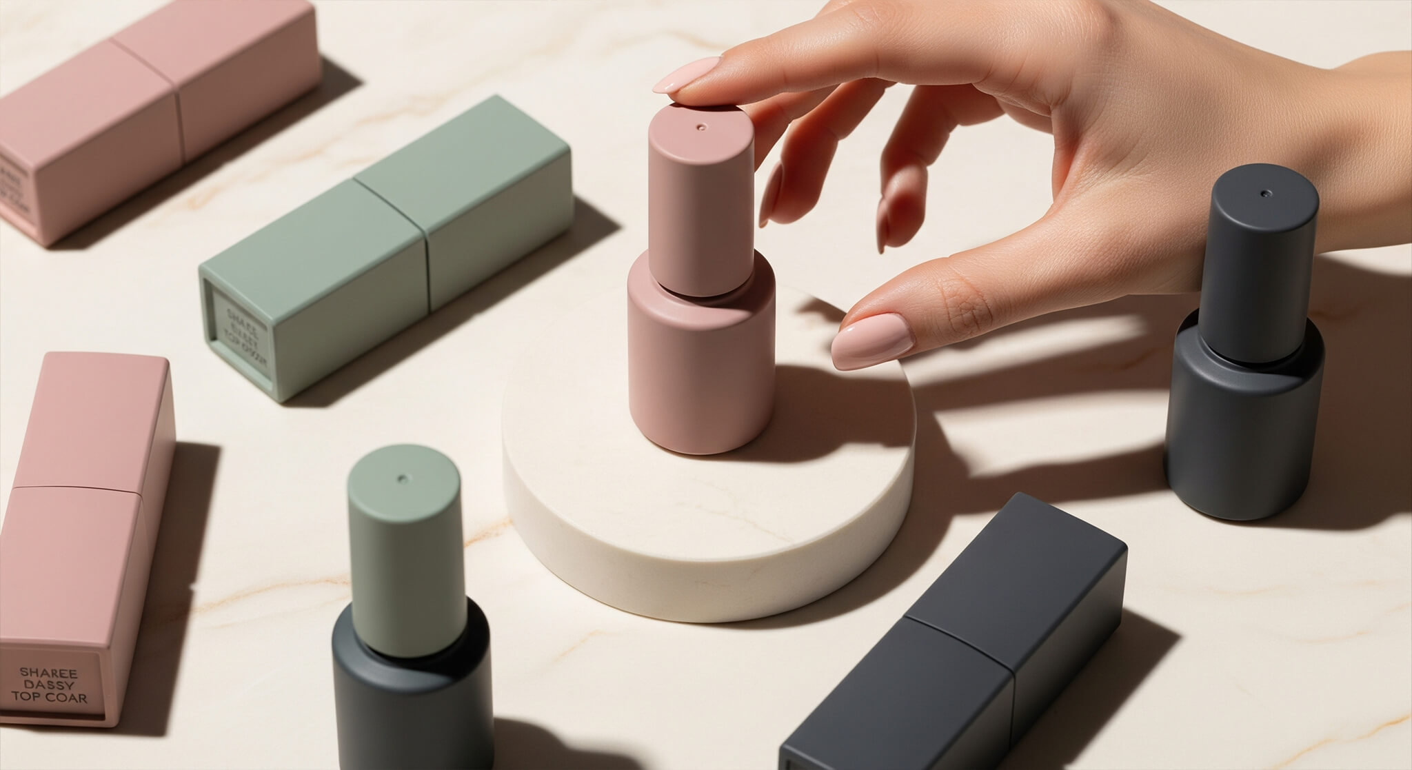 Hand selecting a dusty rose nail polish bottle amidst other polishes (sage green, charcoal) on a marble surface, representing a top coat for chip prevention and shine.