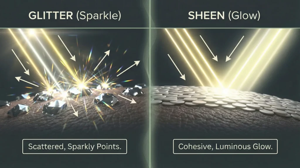 A scientific diagram illustrating the difference in light reflection between large glitter particles and fine sheen pigments on the skin.