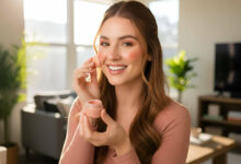 A happy, energetic woman applying blush to her cheek in a bright, modern living room, demonstrating a simple makeup trick for a fresh look.