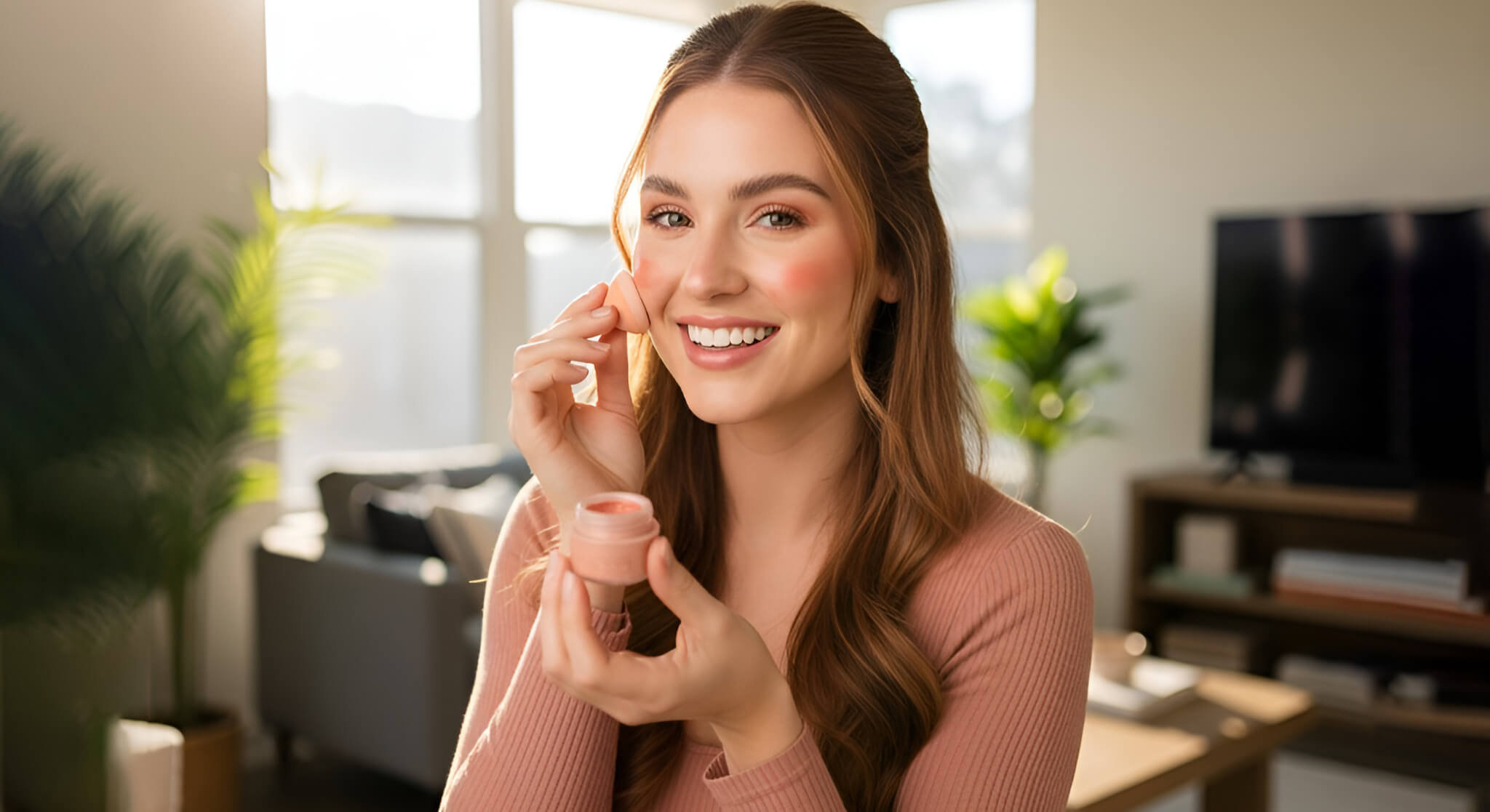 A happy, energetic woman applying blush to her cheek in a bright, modern living room, demonstrating a simple makeup trick for a fresh look.