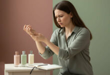 A woman sits at her vanity, examining a perfume bottle with a look of contemplation, wondering why the scent doesn't last on her skin.