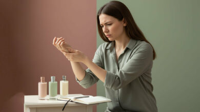 A woman sits at her vanity, examining a perfume bottle with a look of contemplation, wondering why the scent doesn't last on her skin.
