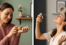 Split image comparing solid vs. liquid perfumes. Left: woman applying solid perfume (dusty rose/sage green). Right: woman spraying liquid perfume (cream/charcoal), for fragrance alternative reviews.