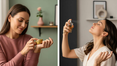 Split image comparing solid vs. liquid perfumes. Left: woman applying solid perfume (dusty rose/sage green). Right: woman spraying liquid perfume (cream/charcoal), for fragrance alternative reviews.