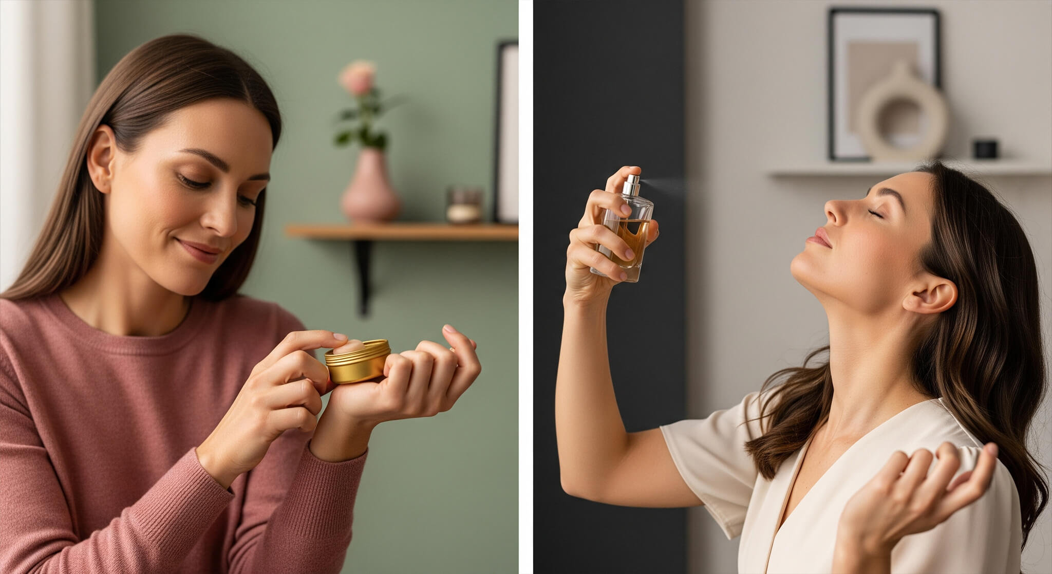 Split image comparing solid vs. liquid perfumes. Left: woman applying solid perfume (dusty rose/sage green). Right: woman spraying liquid perfume (cream/charcoal), for fragrance alternative reviews.