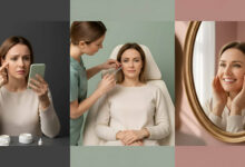 Here's an effective and concise ALT text for your image, optimized for SEO: **Visual story: A woman concerned about under-eye hollowness and dark circles, then receiving an under-eye filler treatment, and finally smiling joyfully at her refreshed reflection, highlighting the solution's impact.**