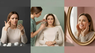 Here's an effective and concise ALT text for your image, optimized for SEO: **Visual story: A woman concerned about under-eye hollowness and dark circles, then receiving an under-eye filler treatment, and finally smiling joyfully at her refreshed reflection, highlighting the solution's impact.**