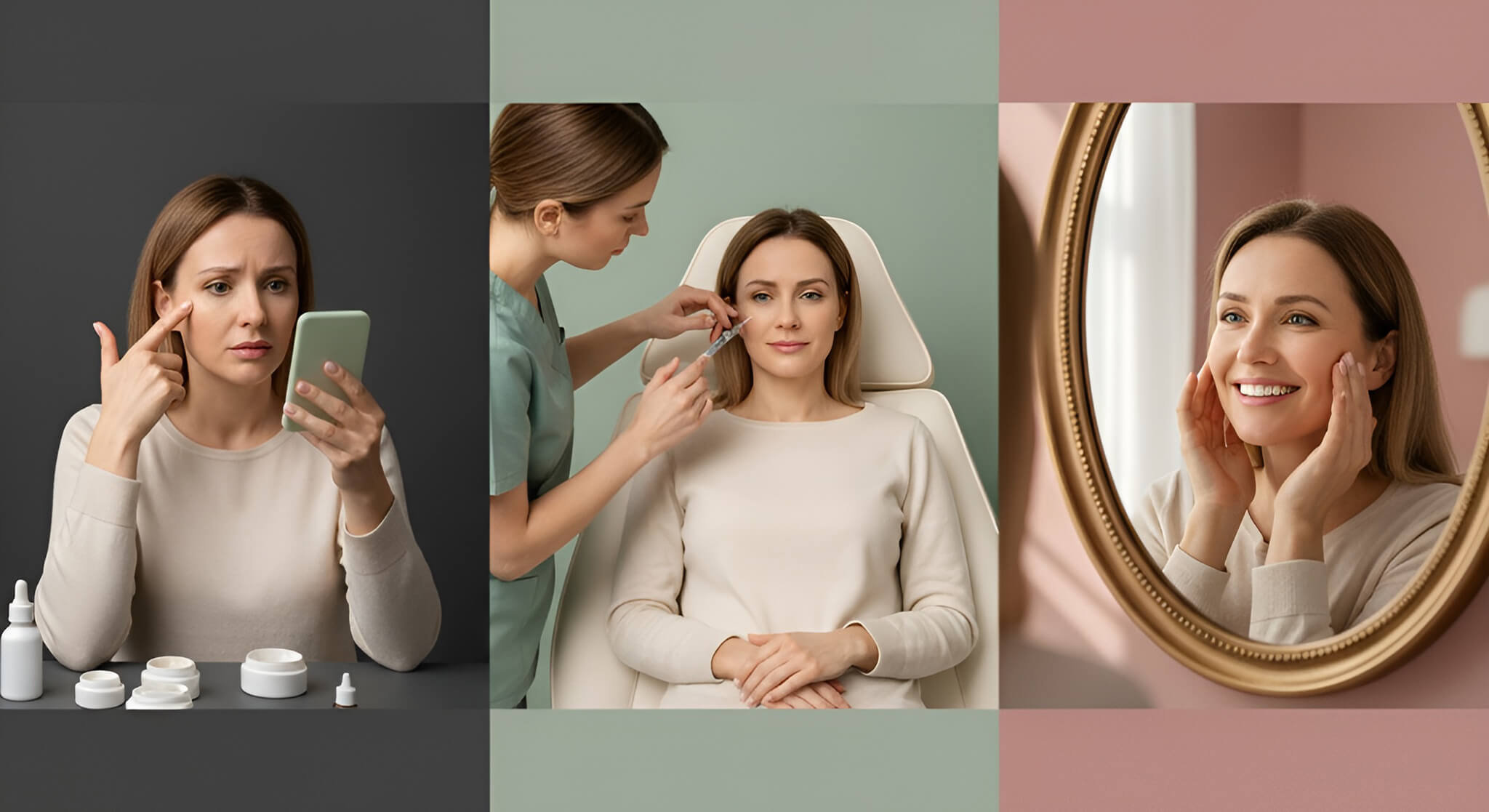 Here's an effective and concise ALT text for your image, optimized for SEO: **Visual story: A woman concerned about under-eye hollowness and dark circles, then receiving an under-eye filler treatment, and finally smiling joyfully at her refreshed reflection, highlighting the solution's impact.**