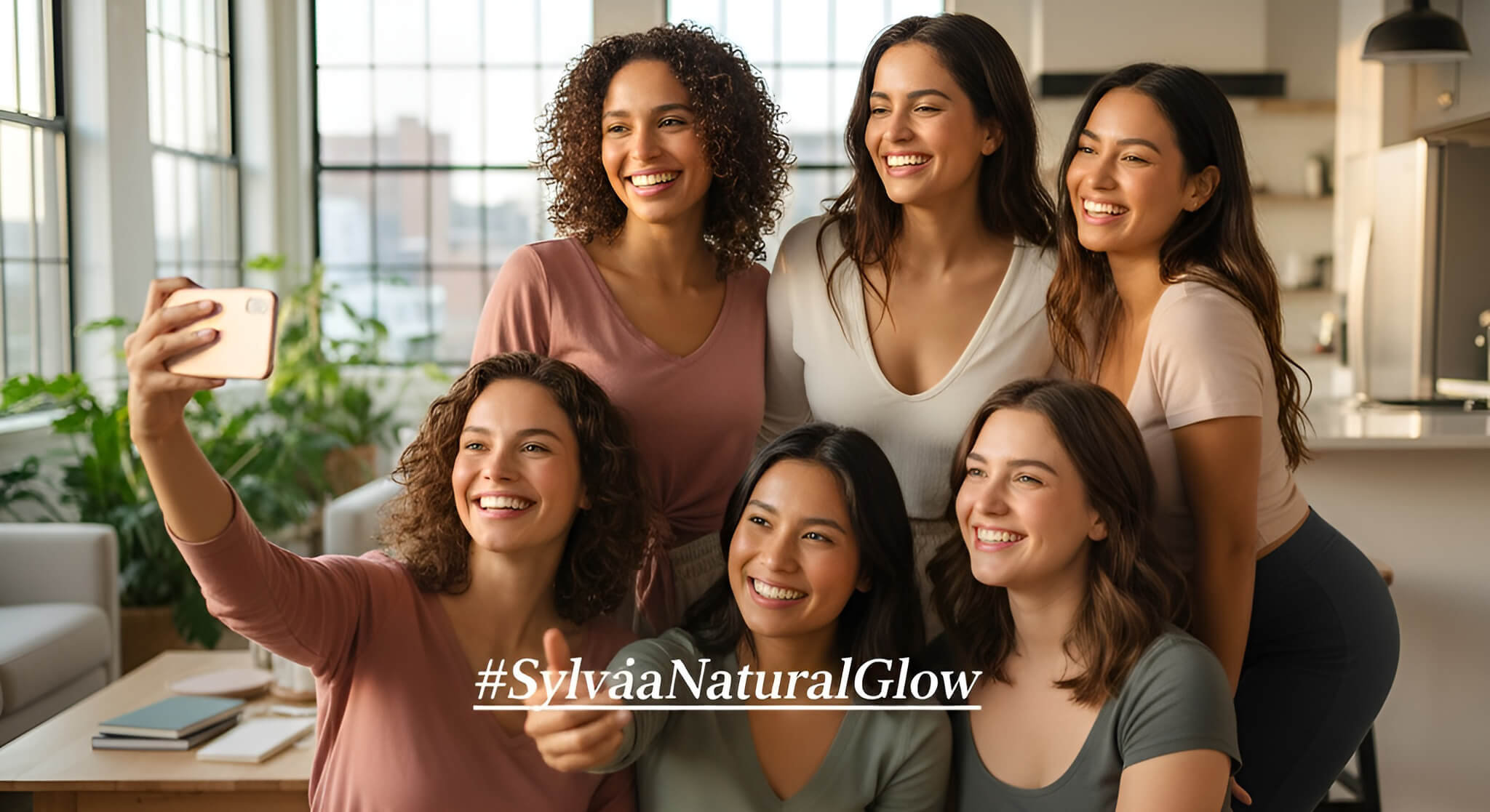 A gorgeous woman with a natural, glowing no-makeup look takes a selfie in a sunlit bedroom for the #SylvaiaNaturalGlow Challenge.