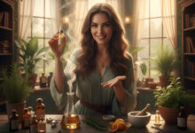 A gorgeous woman creatively layering different perfumes and scent notes on a beautiful vanity, showcasing her personal alchemy for the #SylvaiaScentAlchemy Challenge.