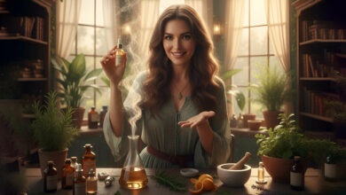 A gorgeous woman creatively layering different perfumes and scent notes on a beautiful vanity, showcasing her personal alchemy for the #SylvaiaScentAlchemy Challenge.