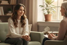 A thoughtful woman having a supportive conversation with a therapist in a calm, welcoming office, illustrating the most effective way to improve body image.