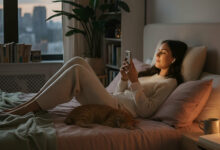 A person relaxes in bed with a cat, listening to bedtime stories or relaxation audio on their phone with earbuds, showcasing the best audio apps.