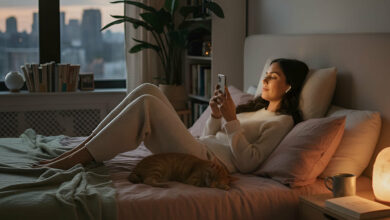 A person relaxes in bed with a cat, listening to bedtime stories or relaxation audio on their phone with earbuds, showcasing the best audio apps.