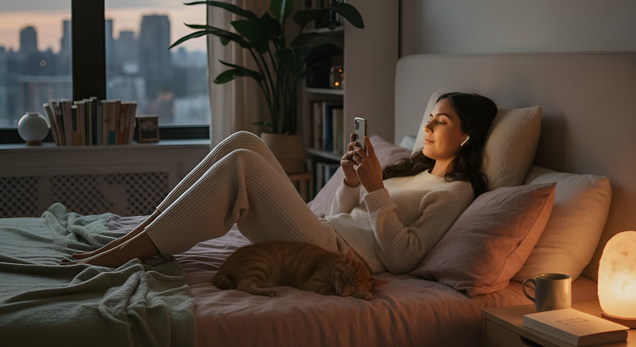 A person relaxes in bed with a cat, listening to bedtime stories or relaxation audio on their phone with earbuds, showcasing the best audio apps.