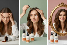 Visual story: A woman stressed with dull hair and spilled coffee, then applying a caffeinated scalp serum with renewed hope, and finally smiling confidently at her revitalized hair, illustrating the serum's benefits.