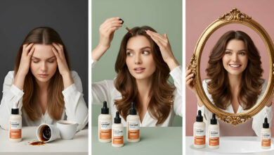 Visual story: A woman stressed with dull hair and spilled coffee, then applying a caffeinated scalp serum with renewed hope, and finally smiling confidently at her revitalized hair, illustrating the serum's benefits.