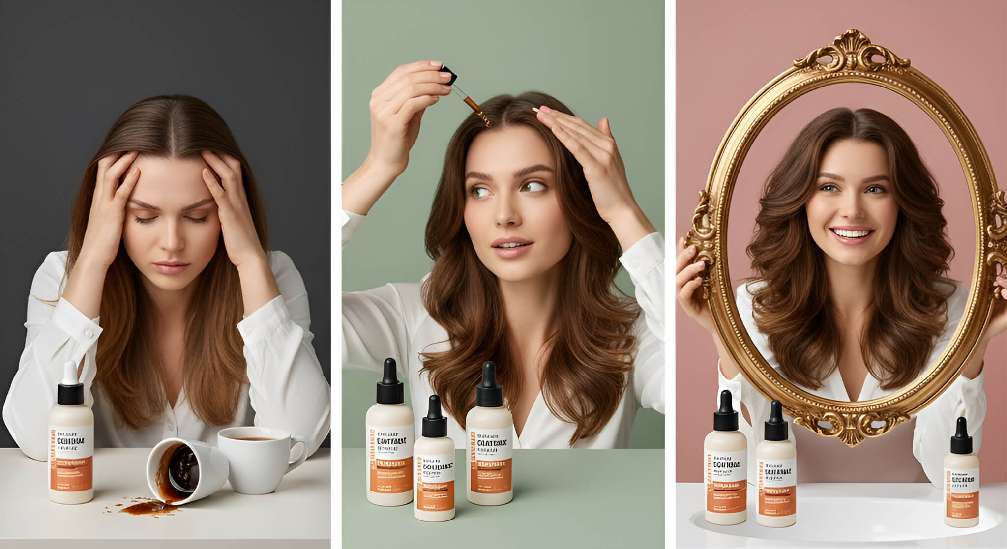 Visual story: A woman stressed with dull hair and spilled coffee, then applying a caffeinated scalp serum with renewed hope, and finally smiling confidently at her revitalized hair, illustrating the serum's benefits.