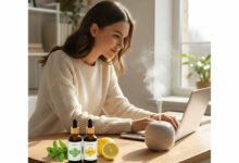 A gorgeous, focused woman works at a desk with an essential oil diffuser, peppermint, and lemon, showcasing the best essential oils for boosting focus and energy.