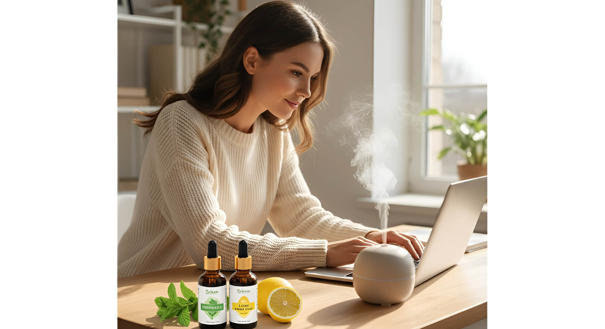 A gorgeous, focused woman works at a desk with an essential oil diffuser, peppermint, and lemon, showcasing the best essential oils for boosting focus and energy.