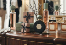 An elegant display of niche and special perfumes in luxurious bottles, some with dusty rose and sage green accents, arranged on a classic wooden vanity with gift boxes and lavender, perfect for a discerning recipient.