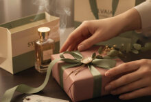 A pair of hands elegantly wrapping a perfume bottle in dusty rose paper with a sage green ribbon, showcasing the best way to gift-wrap a perfume for maximum impact.