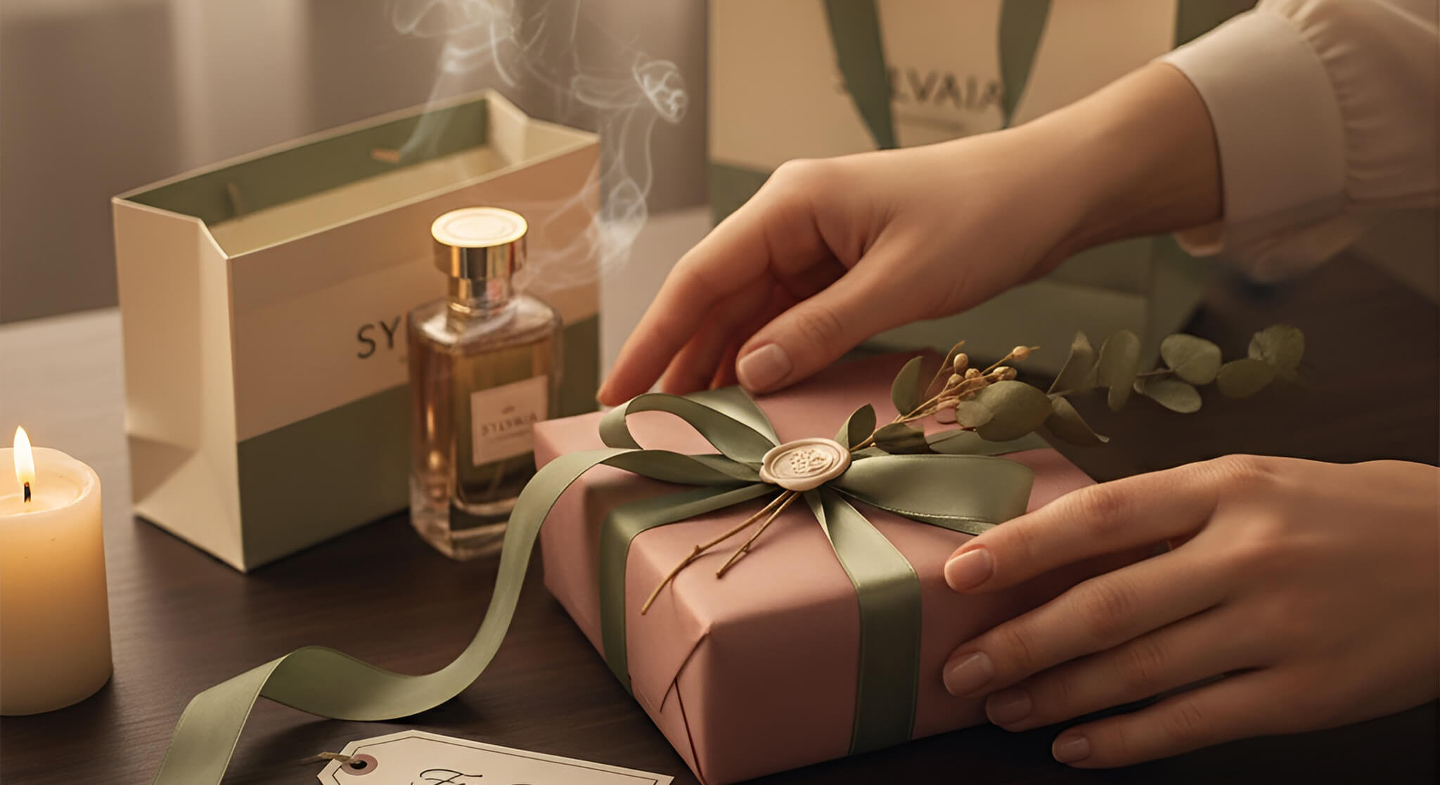 A pair of hands elegantly wrapping a perfume bottle in dusty rose paper with a sage green ribbon, showcasing the best way to gift-wrap a perfume for maximum impact.