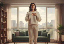 A gorgeous, confident woman smiles at her reflection in a full-length mirror in a sunlit bedroom, embodying the mindset shift that unlocks true body confidence for #MondayMotivation.
