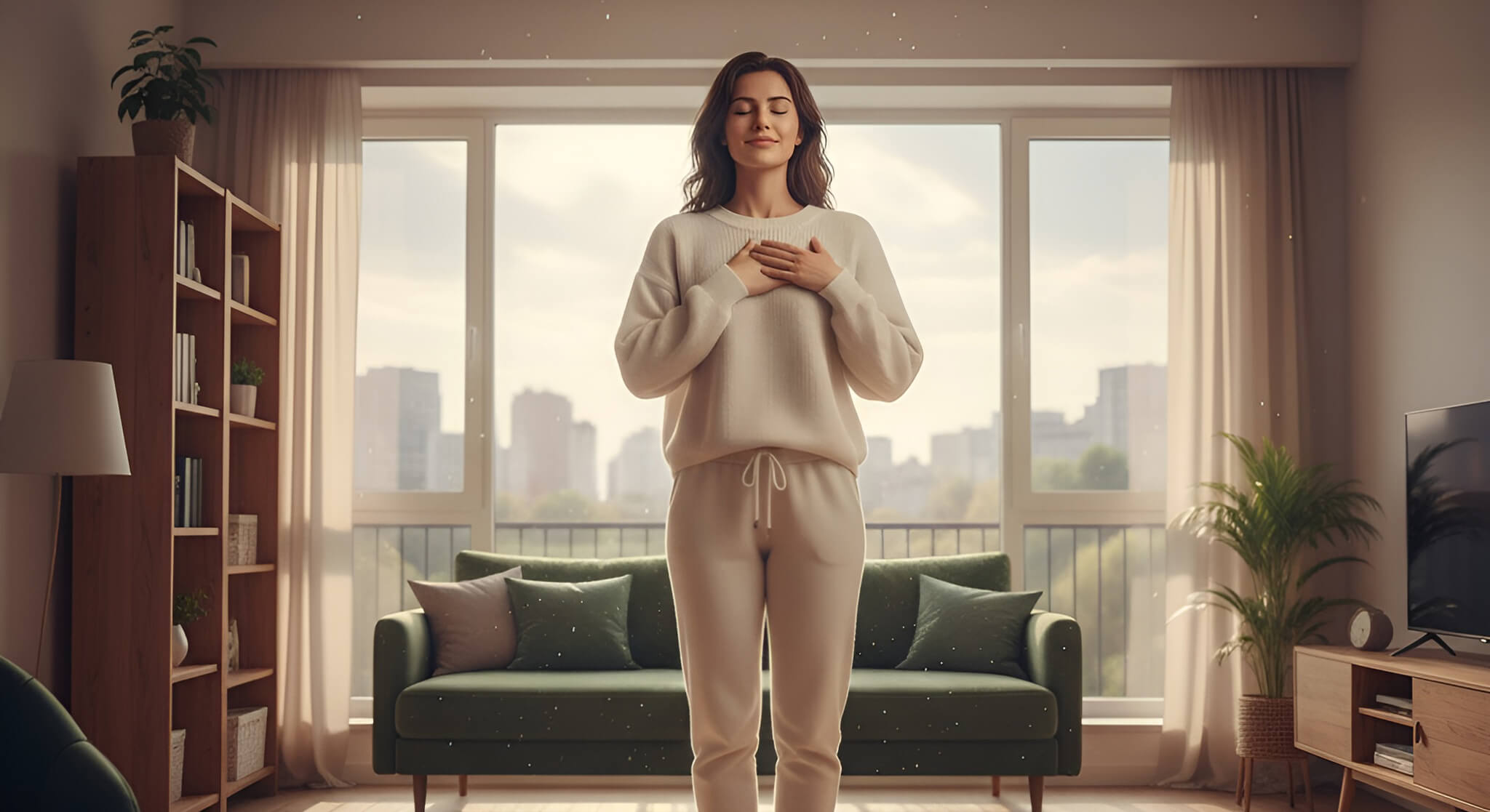 A gorgeous, confident woman smiles at her reflection in a full-length mirror in a sunlit bedroom, embodying the mindset shift that unlocks true body confidence for #MondayMotivation.
