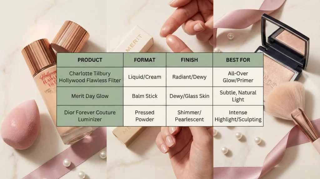 An editorial flatlay comparison table of the top 3 natural highlighters without glitter.