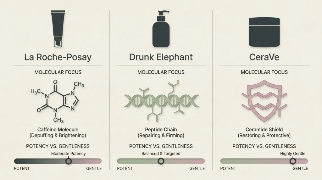 A technical infographic matrix comparing the molecular focus and potency of La Roche-Posay, Drunk Elephant, and CeraVe retinol eye creams.