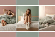 Visual comparison of sleep habits: A woman restless without socks in bed, then putting on socks, and finally sleeping peacefully, illustrating the impact of socks on sleep quality.